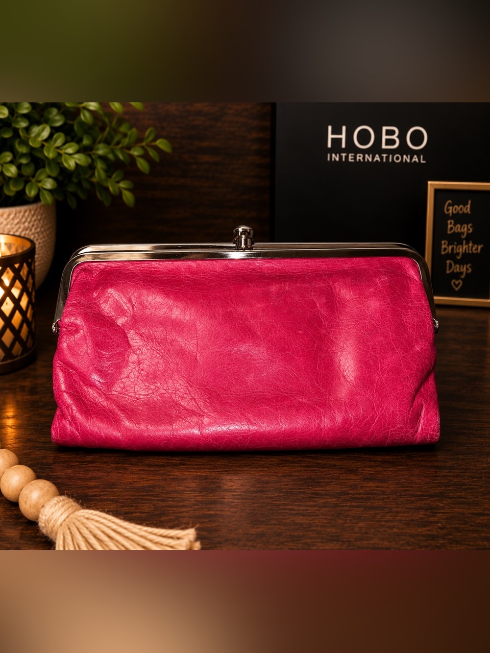 HOBO International Hot Pink Leather Lauren Double Frame Clutch Wallet